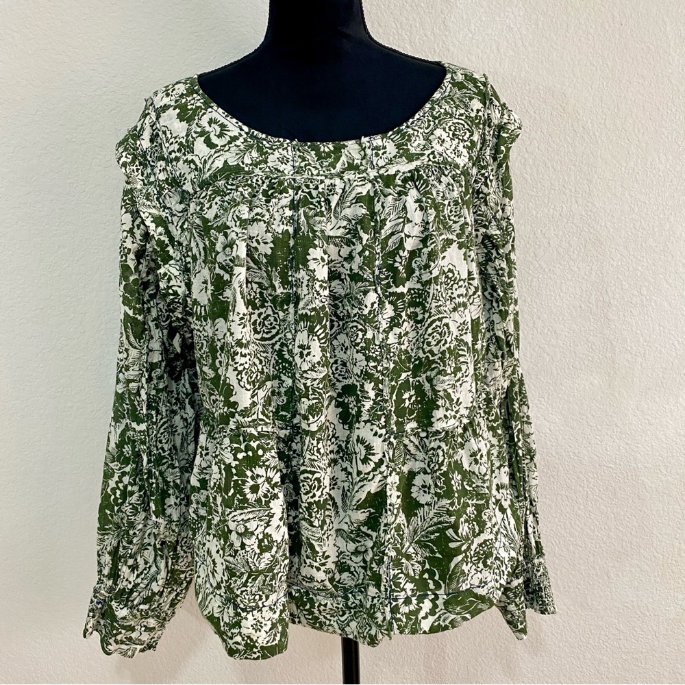 Anthropologie Green Floral Cotton Tiered Blouse Ruffle Boho Top Plus Sz  2X Crop